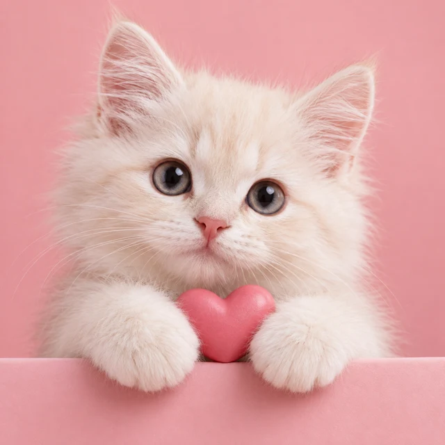 A little cream kitten holding a pink heart